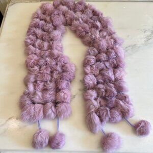100% Rabbit Fur Pom-Pom Scarf in Light Lavender/Pink